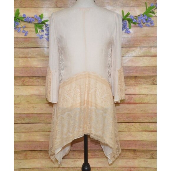 Ryu Ladies S Cream Lace Trim Blouse 3/4 Bell Sleeves Tunic Boho Fairy Cottage - Picture 9 of 13